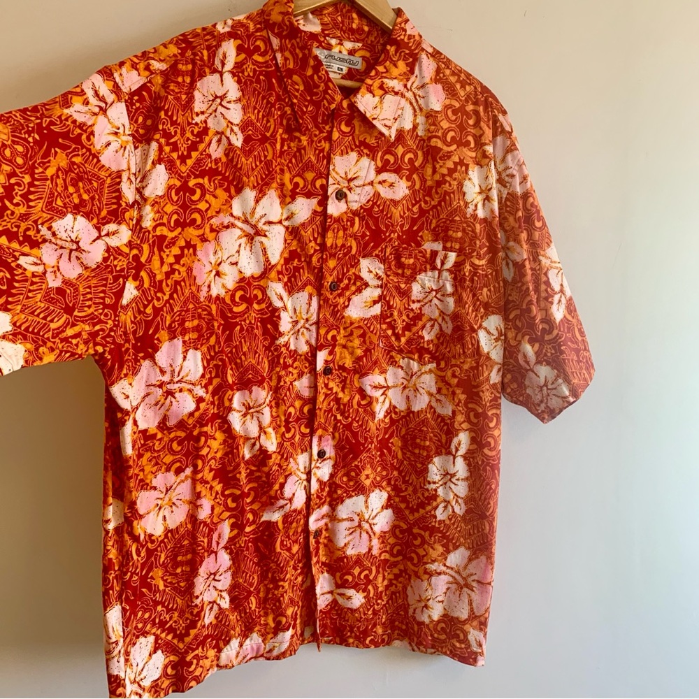 Vintage Rusty Surfboards Hawaiian Tiki Button Up Shirt Orange Floral Print